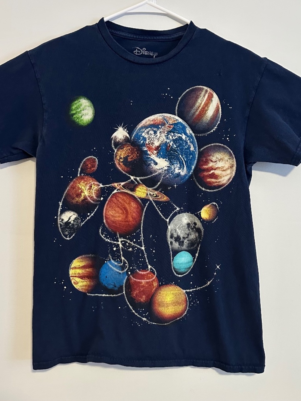 Solar System Mickey Mouse Graphic Print T-Shirt Medium Blue Y2K Short Sleeve
